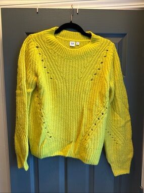 GAP Bright Yellow Openwork Knit Crewneck Sweater